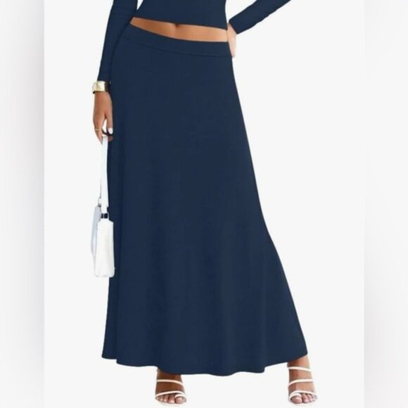 Navy Blue Ribbed 94% Cotton A-Line High-Waist Maxi Stretch Casual Modest Skirt S - Picture 3 of 16